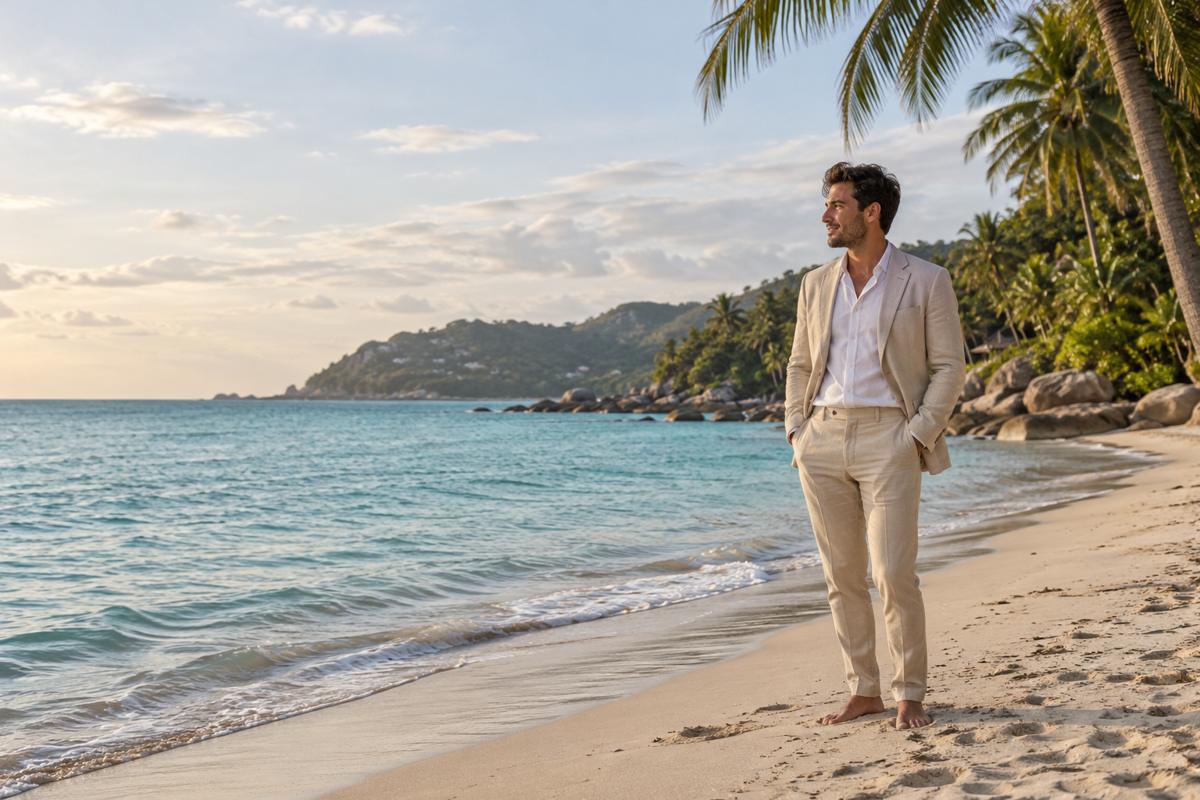 Man in a beige linen suit on a Koh Samui beach