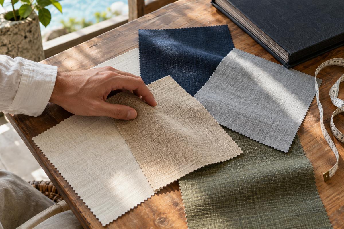 Five suiting fabric swatches on a tailor's counter