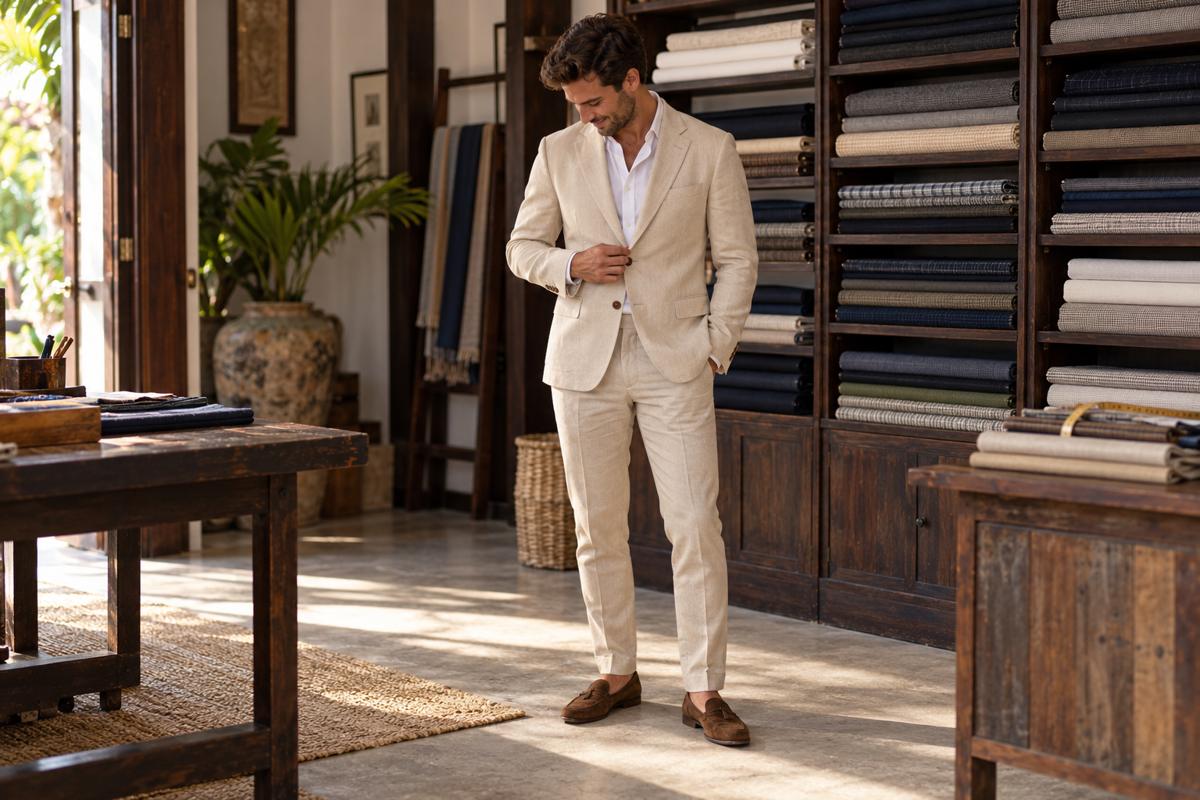 Man at the final fitting of a beige linen suit