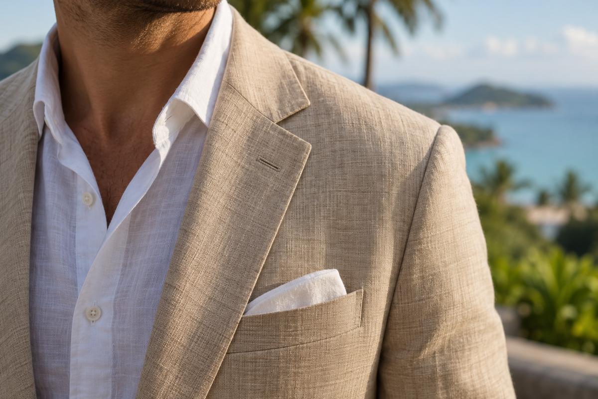 Close-up of a linen suit lapel and pocket square